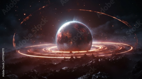 Space station on an alien planet. Human settlement in a space colony. Large planet in the sky.  Created with image generation tools