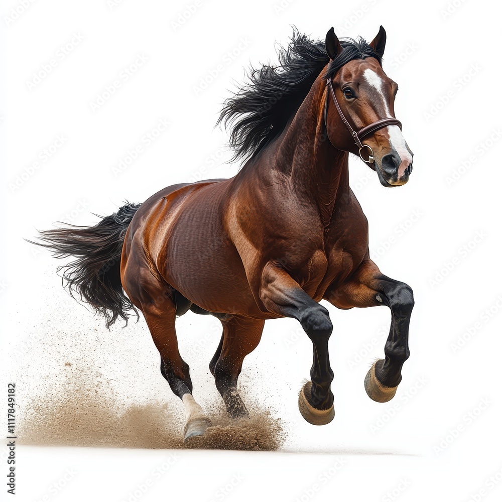 Obraz premium Majestic Bay Horse in Motion Powerful Gallop with Dust and White Background Stock Photo