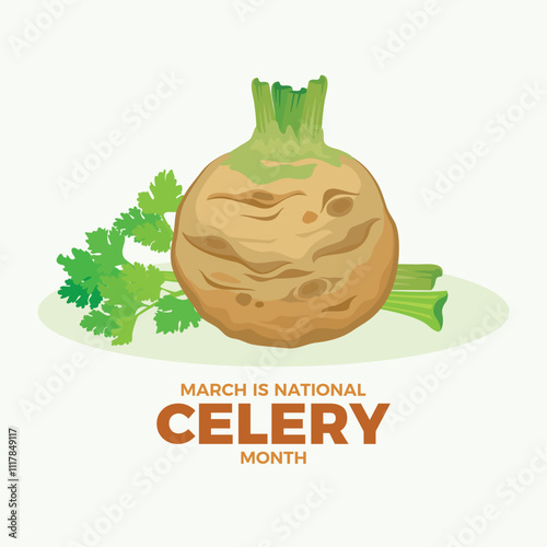 March is National Celery Month poster vector illustration. Celery root and stem vector illustration. Fresh celery bulb and stalk icon set. Root vegetable drawing. Template for background, banner, card