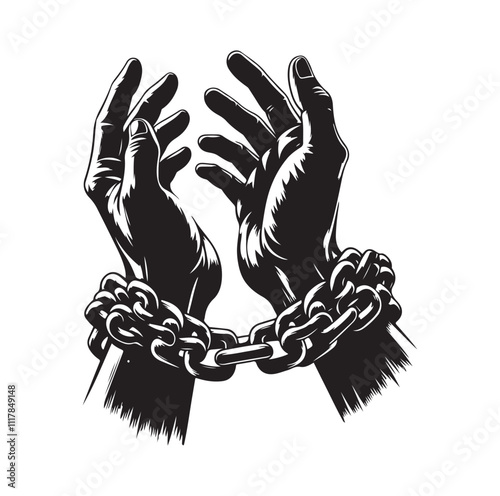 A pair of hands chained to a chain and a text words freedom. silhouette vector illustration.