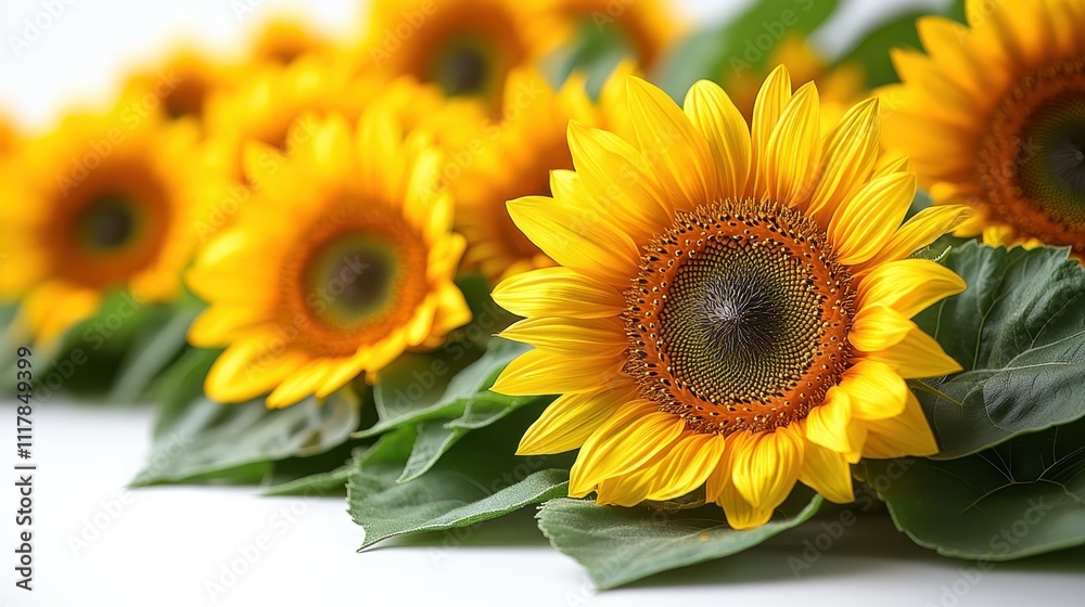 Vibrant Sunflowers Close-Up A Stunning Bouquet of Yellow Sunflowers with Lush Green Leaves on White Background - Stock Photo Vibrant Sunflowers Close-Up A Stunning Bouquet of Yellow Sunflowers with Lush Green Leaves on White Background - Stock Photo