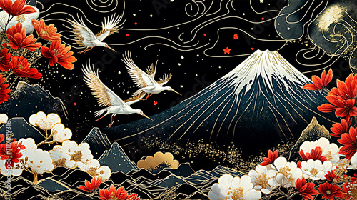 新年の鶴 黒 (横) Cranes of the New Year Generative AI