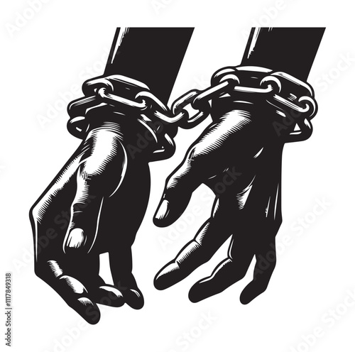 A pair of hands chained to a chain and a text words freedom. silhouette vector illustration.