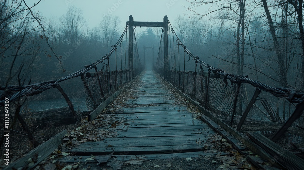 Fototapeta premium Old wooden suspension bridge in foggy forest.