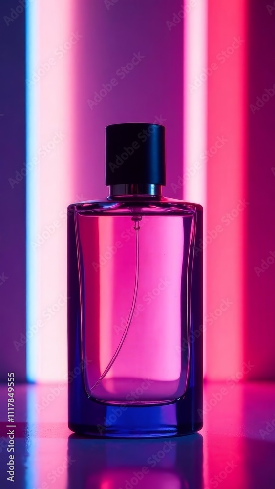 beautiful modern perfume bottle without label, advertising photo, beautiful neon light, copy space, vertical, mock up
