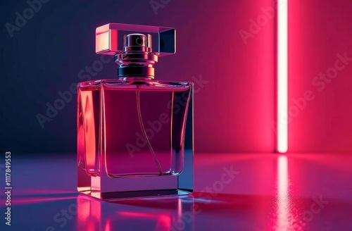 beautiful modern perfume bottle without label, advertising photo, beautiful neon light, copy space