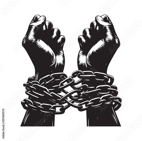 A pair of hands chained to a chain and a text words freedom. silhouette vector illustration.