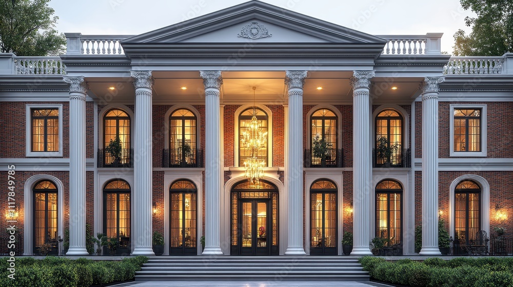 Luxurious Brick Mansion at Dusk Neoclassical Architecture with Grand Columns and Illuminated Windows. Luxurious Brick Mansion at Dusk Neoclassical Architecture with Grand Columns and Illuminated Windows.