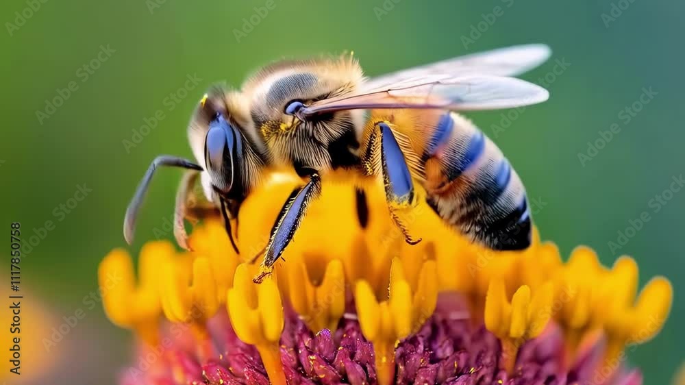 Macro shot of a honeybee gathering pollen from a colorful flower, showcasing the intricate details of the insect and petals Macro shot of a honeybee gathering pollen from a colorful flower, showcasing the intricate details of the insect and petals