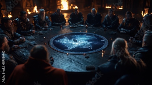 This mysterious close-up showcases a group of figures seated around a glowing map, conveying themes of strategy, connection, and shared knowledge in a medieval setting. photo