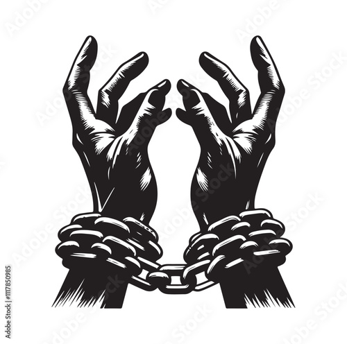 A pair of hands chained to a chain and a text words freedom. silhouette vector illustration.