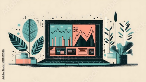 Digital Illustration of a Laptop Displaying Colorful Business Analytics Charts