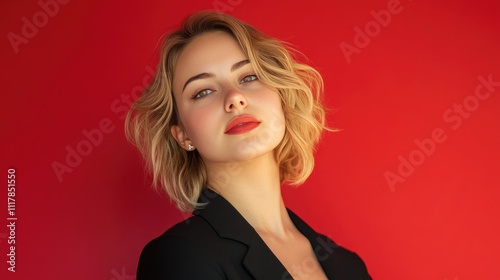 Confident young woman against red background,free space