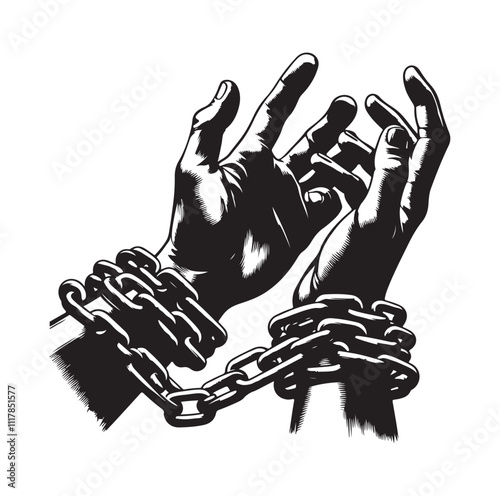 A pair of hands chained to a chain and a text words freedom. silhouette vector illustration.