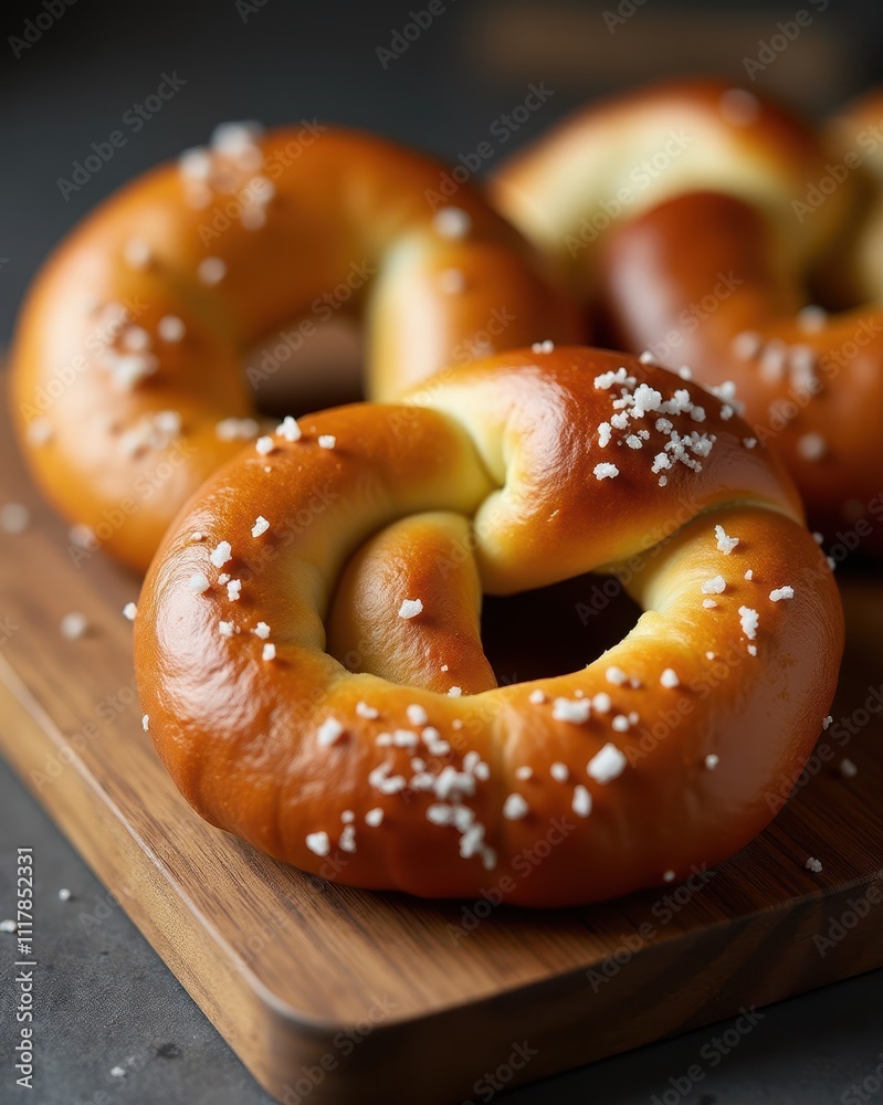 Golden-brown soft pretzels garnished with coarse salt are displayed on a wooden board, exuding a fresh and appetizing appearance Golden-brown soft pretzels garnished with coarse salt are displayed on a wooden board, exuding a fresh and appetizing appearance