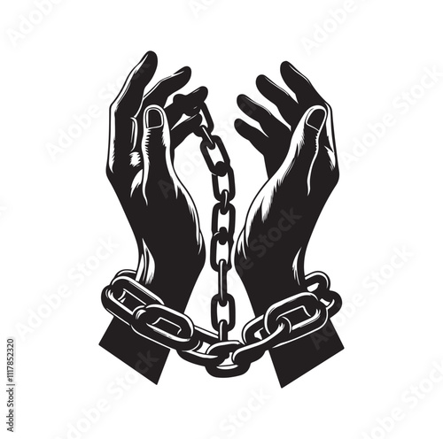 A pair of hands chained to a chain and a text words freedom. silhouette vector illustration.