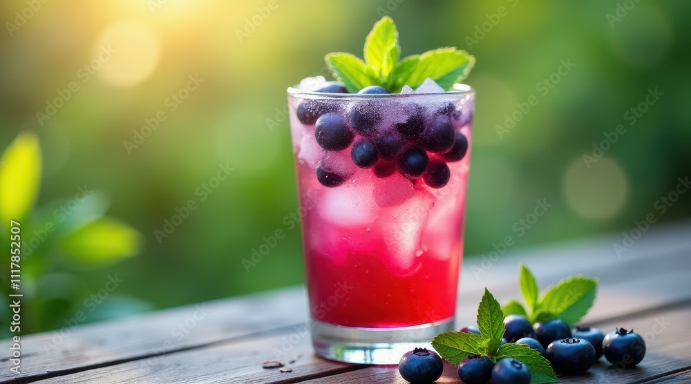 Refreshing blueberry and mint cocktail on a wooden table in sunlight, showcasing vibrant colors and natural ingredients Refreshing blueberry and mint cocktail on a wooden table in sunlight, showcasing vibrant colors and natural ingredients