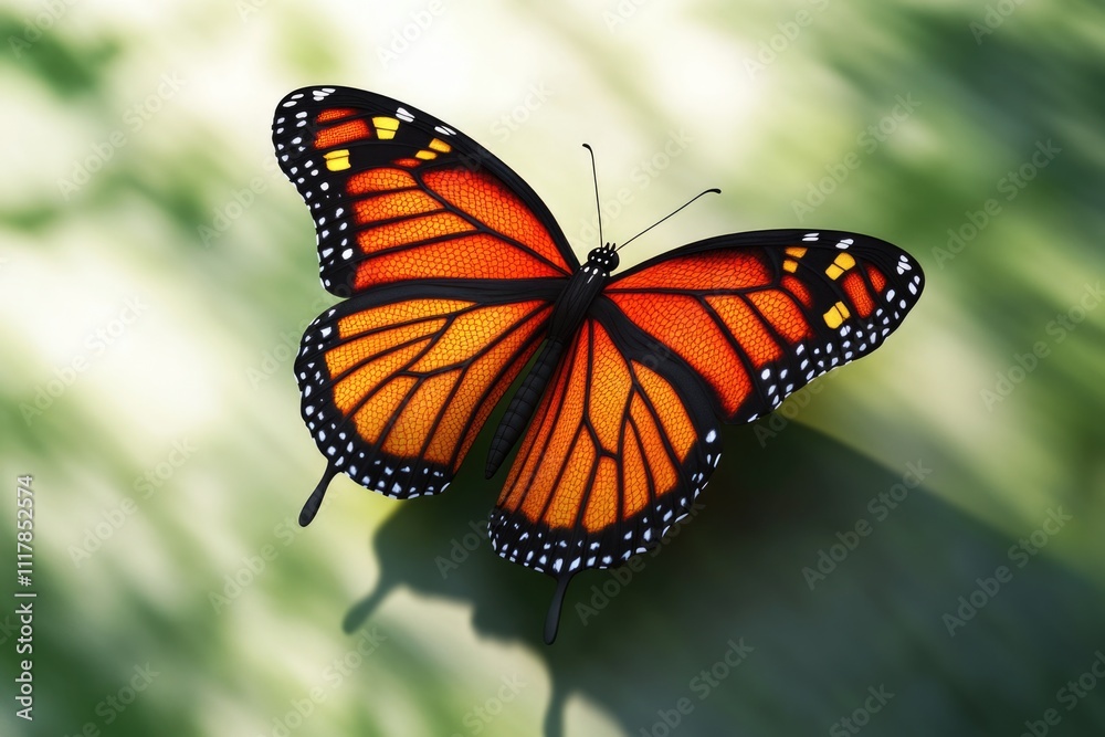 A beautiful large orange butterfly perched on the edge of a green leaf, awaiting its next move A beautiful large orange butterfly perched on the edge of a green leaf, awaiting its next move
