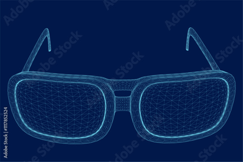 Vector illustration of wireframe hipster glasses isolated on blue background. 3D. Front view