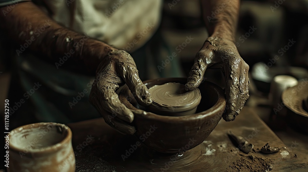 Hands, clay and pottery with skilled craftsmanship, tools Hands, clay and pottery with skilled craftsmanship, tools