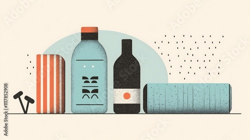 Stylized Illustration of Fitness and Wellness Accessories with Minimalist Design