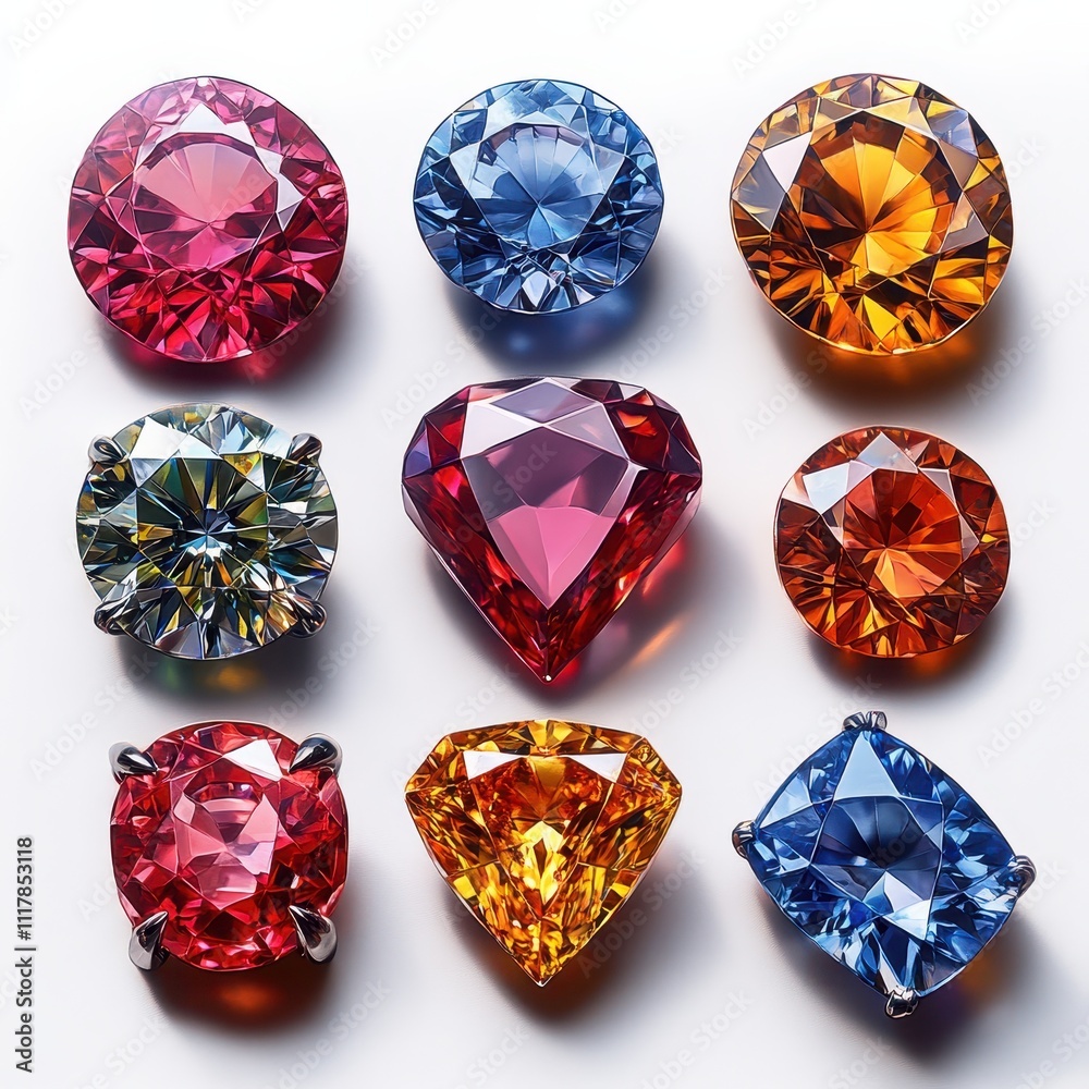 Nine Vibrant Gemstones Collection of Sparkling Red, Blue, Orange, and Yellow Precious Stones on White Background Nine Vibrant Gemstones Collection of Sparkling Red, Blue, Orange, and Yellow Precious Stones on White Background