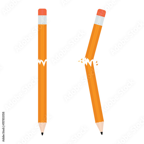 Broken pencil snapping in two parts. Orange pencil with eraser isolated on white. Vector illustration, EPS10