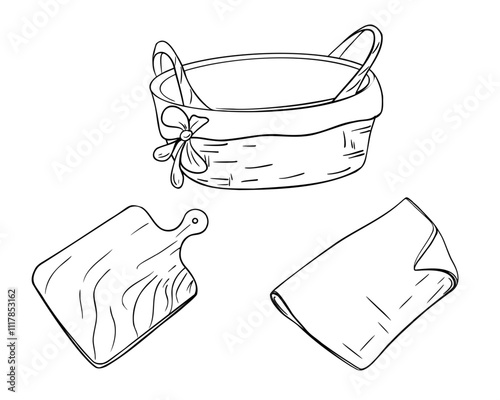 Empty bread basket with decorative bow, a wooden cutting board, and a folded napkin black white vector hand drawn illustration isolated for design bakery, packaging or rustic food themed label.