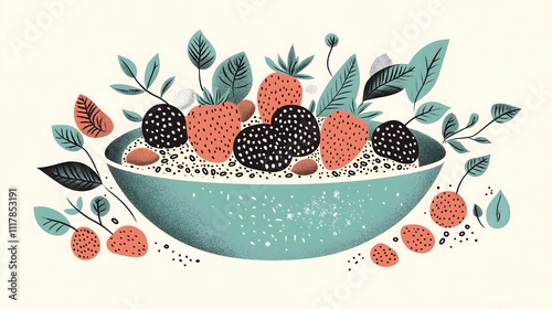 Colorful Illustration of Berries and Leaves in Decorative Bowl