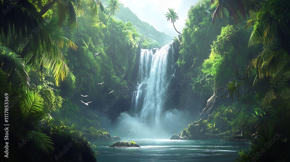 A serene jungle scene featuring a cascading waterfall surrounded by lush greenery. A serene jungle scene featuring a cascading waterfall surrounded by lush greenery.