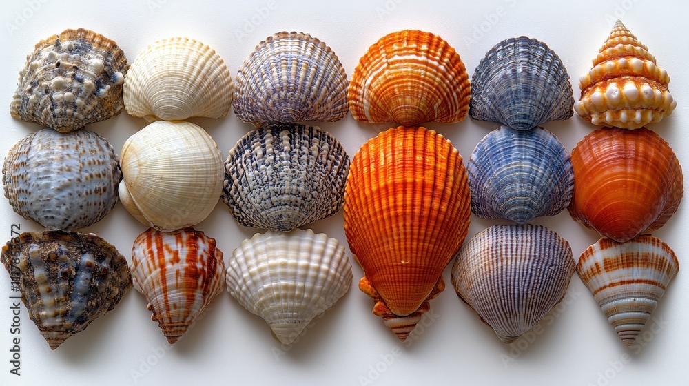 Vibrant Collection of Seashells Diverse Textures and Colors of Ocean Shells on White Background - Stock Photo Vibrant Collection of Seashells Diverse Textures and Colors of Ocean Shells on White Background - Stock Photo
