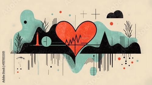 Colorful Abstract Heartbeat Design with Geometric Shapes and Textures