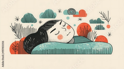 Dreamy Illustration of a Peaceful Sleep Amid Nature-Inspired Elements