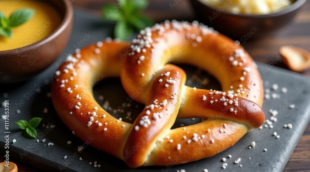 A freshly baked pretzel with salt crystals sits on a slate board alongside a bowl of creamy dip, garnished with basil leaves A freshly baked pretzel with salt crystals sits on a slate board alongside a bowl of creamy dip, garnished with basil leaves