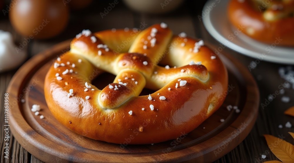 Golden, salt-speckled pretzel on a wooden plate, showcasing a delicious baked snack perfect for culinary presentations Golden, salt-speckled pretzel on a wooden plate, showcasing a delicious baked snack perfect for culinary presentations