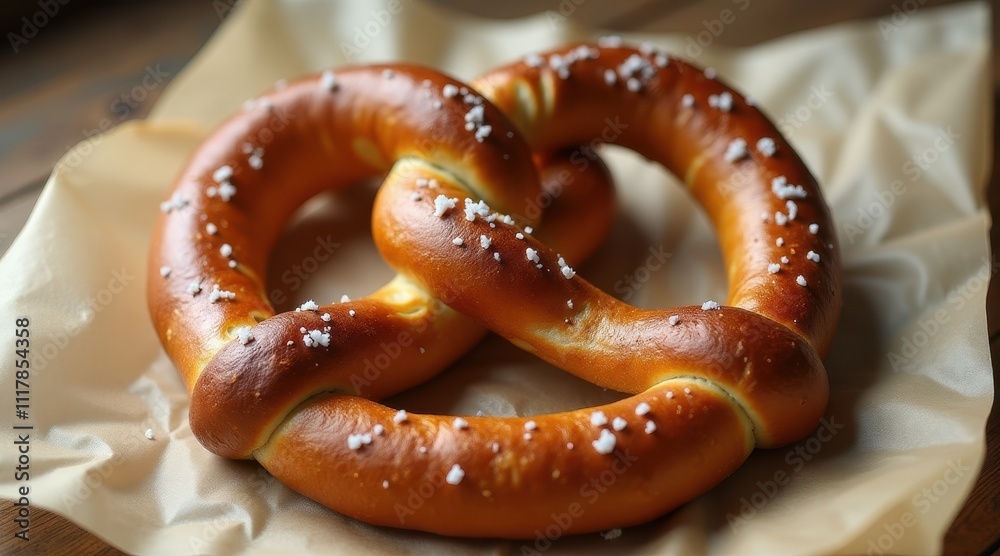 Golden-brown soft pretzel sprinkled with coarse salt on parchment paper offers a deliciously inviting snack option Golden-brown soft pretzel sprinkled with coarse salt on parchment paper offers a deliciously inviting snack option