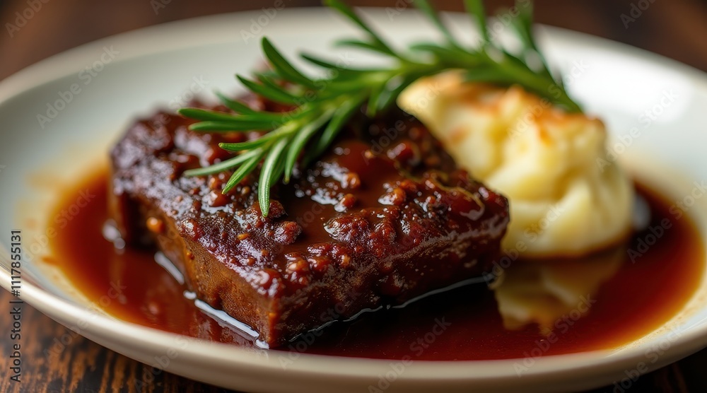 Juicy glazed beef brisket topped with fresh rosemary served alongside creamy mashed potatoes on a white plate, perfect for a gourmet dining experience Juicy glazed beef brisket topped with fresh rosemary served alongside creamy mashed potatoes on a white plate, perfect for a gourmet dining experience