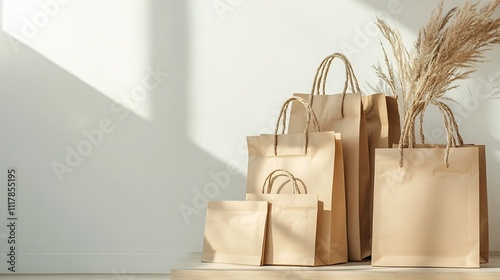 Reusable Bags and Eco Friendly Packaging Designs on Neutral Background with Open Space for Branding photo