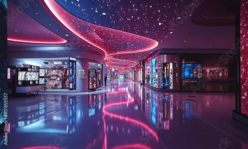 A vibrant, modern shopping corridor illuminated with colorful lights and digital displays.