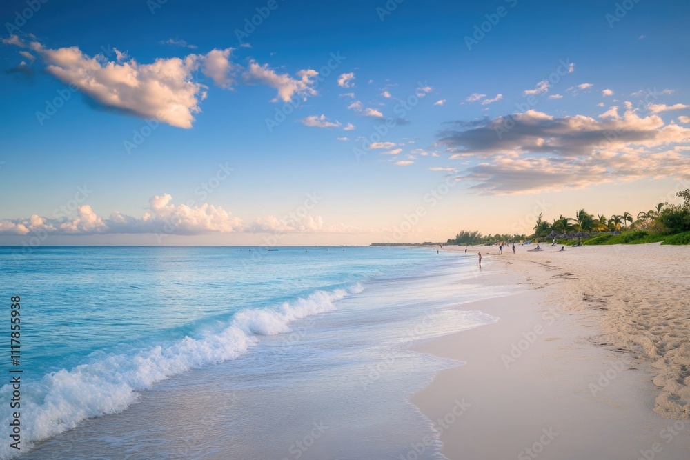 Beach scene with people walking along the shore, ocean in the background Beach scene with people walking along the shore, ocean in the background