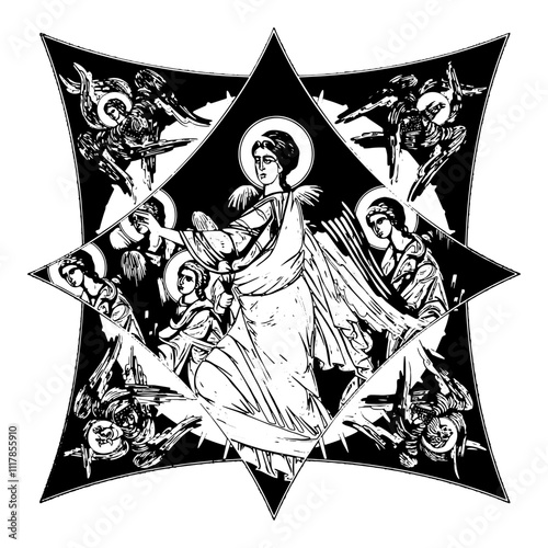 Gabriel Archangel on cross dome with 4 apostles, angels and seraphim. Ink illustration black and white in Byzantine style isolated