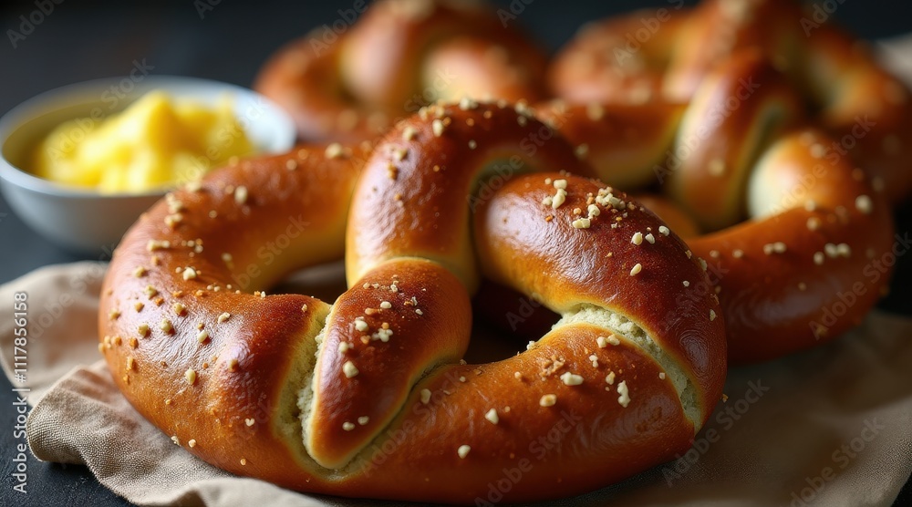 Freshly baked pretzels with a golden crust and salt sprinkles are served on a cloth next to a bowl of creamy mustard dip Freshly baked pretzels with a golden crust and salt sprinkles are served on a cloth next to a bowl of creamy mustard dip