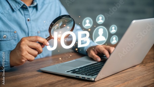 Online Job Search Magnifying Glass Laptop Employment Hunt