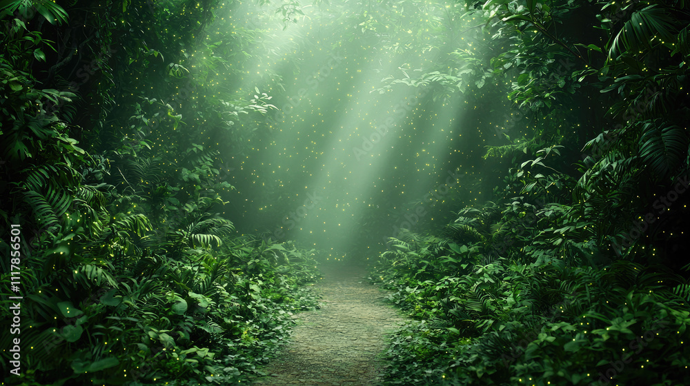 Fototapeta premium A serene forest path illuminated by soft rays of light and surrounded by lush greenery.