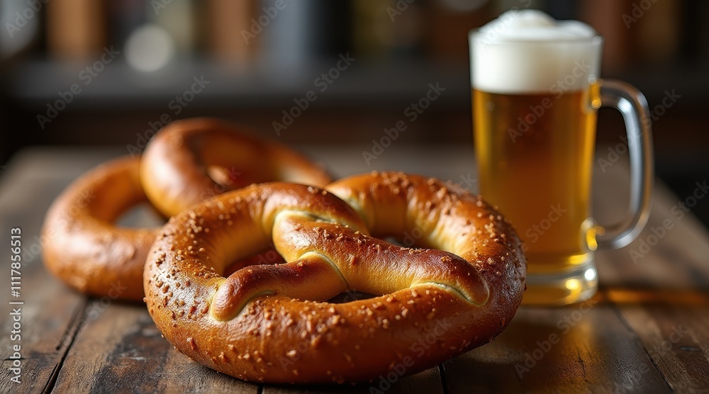 Freshly baked pretzels paired with a frothy mug of beer on a rustic wooden table evoke a cozy and inviting atmosphere Freshly baked pretzels paired with a frothy mug of beer on a rustic wooden table evoke a cozy and inviting atmosphere