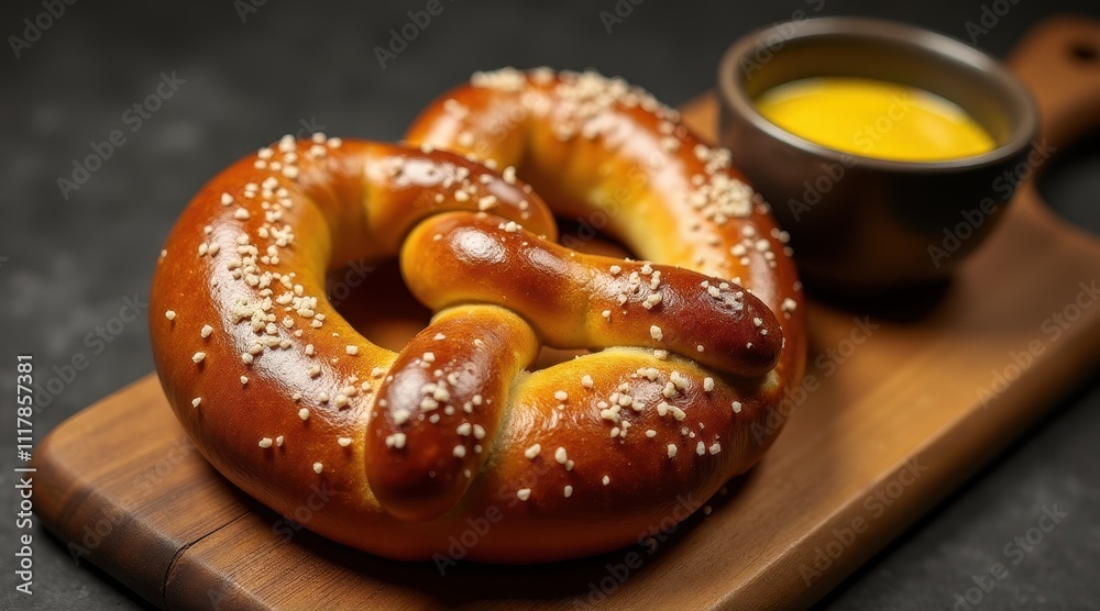 Fototapeta premium Freshly baked golden-brown pretzel with salt, served on a wooden board with a cup of cheese sauce, perfect for snack enthusiasts and home chefs