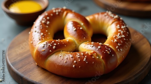 Golden brown pretzel with coarse salt on a wooden board, accompanied by a small bowl of mustard in the background, creating an appetizing snack scene