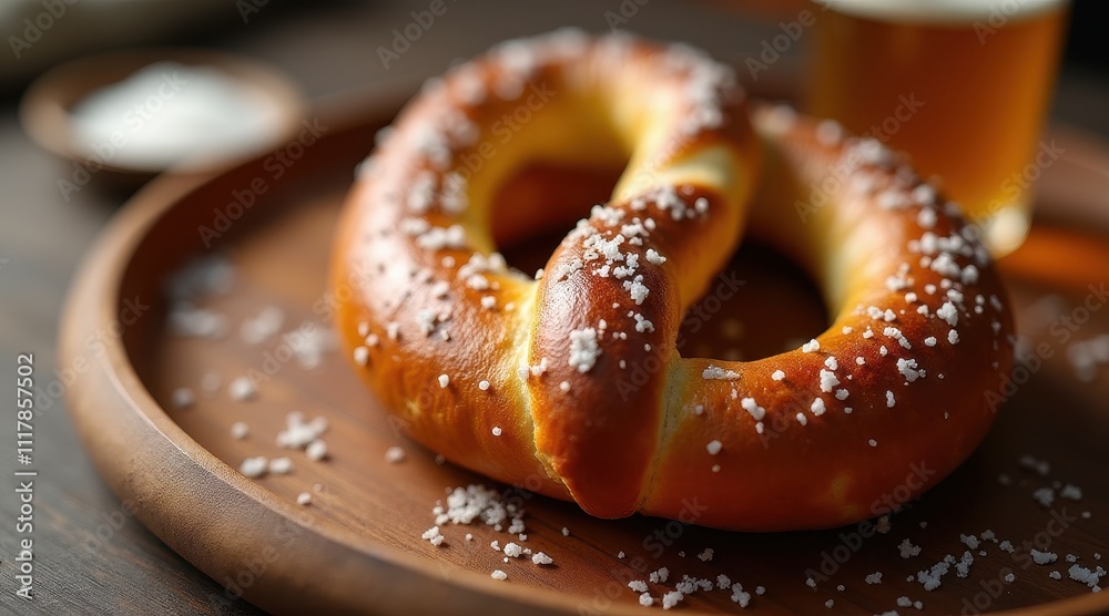 Golden salted pretzel on a wooden plate with a blurred background of a beer glass, evoking a cozy and inviting dining atmosphere