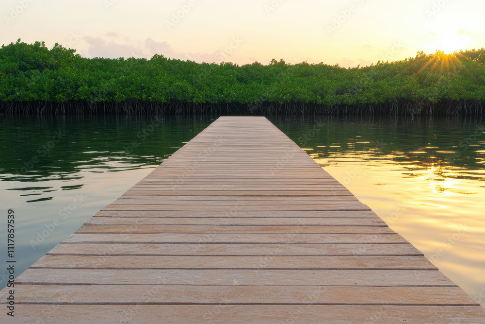 Obraz premium peaceful boardwalk through mangrove at sunset, reflecting warm colors on water. serene atmosphere invites relaxation and connection with nature