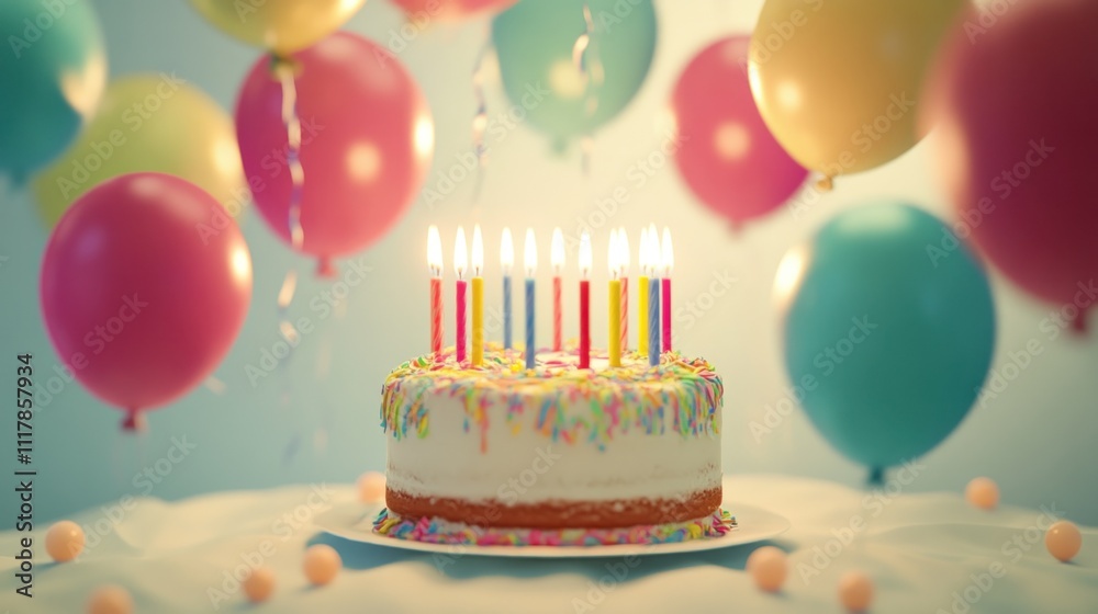 Colorful birthday cake with candles and balloons Colorful birthday cake with candles and balloons